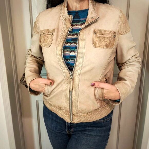 Vintage GIORGIO CUIRS Beige Leather Flight Jacket / Bomber, Sz 4 / 6 - Picture 1 of 16